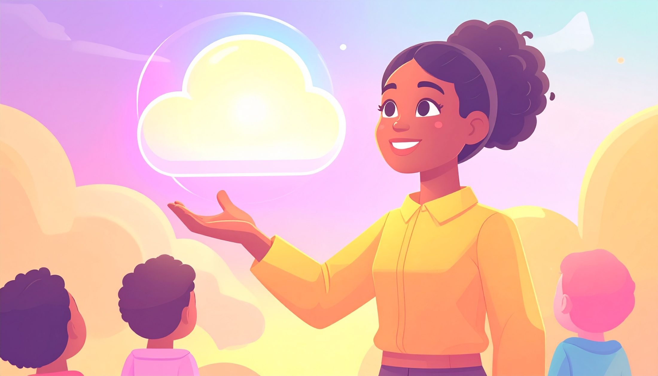 Moderne Klasse. Lehrperson zeigt Kindern KI auf einer schwebenden, leuchtenden KI-Wolke (wie ein neuronales Netzwerk). Helles Licht, Kinder fasziniert und neugierig. | Digitalisierung Bildung; KI Bildung, Digitale Bildung, Kompetenzzentrum; KI; Bildungsforschung, Schule