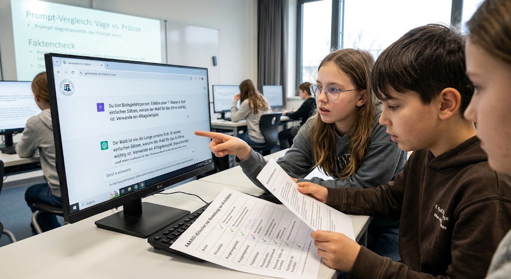 Digitalisierung Bildung; KI Bildung, Digitale Bildung, Kompetenzzentrum; KI; Bildungsforschung, Schule, KI als Werkzeug: prompten, prüfen, hinterfragen
